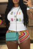 White Casual Print Patchwork O Neck T-Shirts