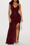 Black Sexy Solid Color Sequins Patchwork Backless High Slit Spaghetti Strap Sling Dresses