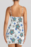 Green Sexy Print Patchwork Backless Spaghetti Strap Sling Dresses