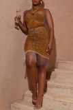 Deep Coffee Sexy Patchwork Hot Drilling Fringed Trim Backless Belted Halter Wrapped Skirt Dresses