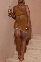 Deep Coffee Sexy Patchwork Hot Drilling Fringed Trim Backless Belted Halter Wrapped Skirt Dresses