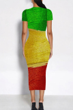 Red Casual Print Patchwork O Neck Wrapped Skirt Dresses