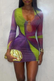 Purple Sexy Print Hollow Out Patchwork V Neck Wrapped Skirt Dresses