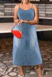 Deep Blue Sexy Solid Color Patchwork Backless Spaghetti Strap Sling Plus Size Dresses