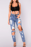 Deep Blue Sexy Solid Color Ripped Hollow Out Pocket Buttons Patchwork Zipper Mid Waist Loose Denim Jeans
