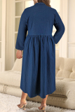 Deep Blue Street Solid Color Pocket Buckle Patchwork Ruched Turndown Collar Long Plus Size Dresses