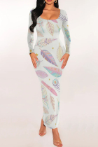 White Sexy Print Patchwork U Neck Wrapped Skirt Dresses