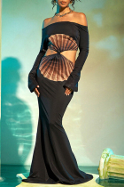 Black Sexy Print Hollow Out Patchwork Backless Off Shoulder Long Dresses