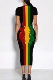 Red Casual Print Patchwork O Neck Wrapped Skirt Dresses