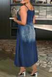 Deep Blue Sexy Solid Color Patchwork Backless Spaghetti Strap Sling Plus Size Dresses