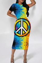 Blue Casual Print Patchwork O Neck Wrapped Skirt Dresses