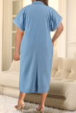 Light Blue Casual Solid Color Pocket Patchwork Zipper Turndown Collar Long Plus Size Dresses