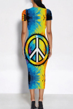 Red Casual Print Patchwork O Neck Wrapped Skirt Dresses