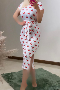 White Sexy Print Patchwork High Slit Strap Design O Neck Wrapped Skirt Dresses