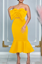 Yellow Sexy Solid Color Patchwork Backless Bow Decor Strapless Sleeveless Two Pieces