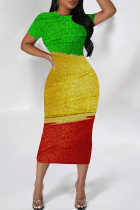 Green Casual Print Patchwork O Neck Wrapped Skirt Dresses