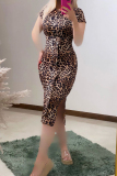 Camel Sexy Print Patchwork High Slit Strap Design O Neck Wrapped Skirt Dresses