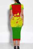 Red Casual Print Patchwork O Neck Wrapped Skirt Dresses
