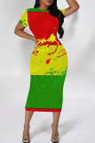 Red Casual Print Patchwork O Neck Wrapped Skirt Dresses
