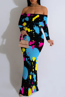 Black Elegant Splashed ink printing Contrast Off Shoulder One Step Skirt Dresses