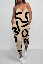 Khaki Street Camouflage Print Pocket Patchwork Backless Spaghetti Strap Regular Jumpsuits