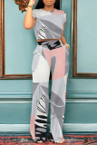 Green Casual Colorblock Print Pocket Contrast O Neck Short Sleeve Two Pieces