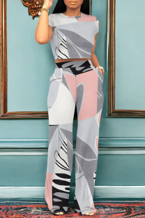 White Grey Casual Colorblock Print Pocket Contrast O Neck Short Sleeve Two Pieces