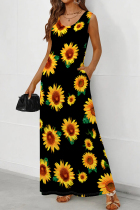 Yellow Casual Print Pocket Patchwork U Neck Long Dresses