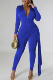 Black Casual Solid Color Patchwork Ruched V Neck Skinny Jumpsuits