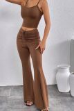 Brownness Casual Solid Color Patchwork Backless Ruched Strap Design Spaghetti Strap Sleeveless Two Pieces