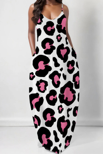 White Pink Casual Leopard Print Pocket U Neck Printed Dresses