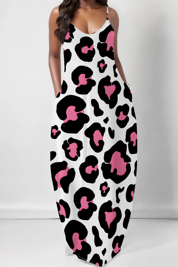White Pink Casual Leopard Print Pocket U Neck Printed Dresses