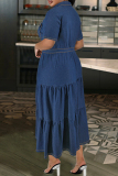 Deep Blue Street Solid Color Pocket Buckle Patchwork Ruched Turndown Collar Cake Skirt Plus Size Dresses