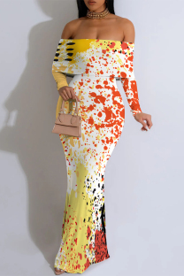 Orange Yellow Elegant Splashed ink printing Contrast Off Shoulder One Step Skirt Dresses