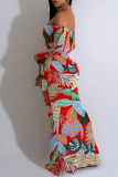 Black Red Elegant Geometric Print Tropical Print Contrast Off Shoulder One Step Skirt Dresses