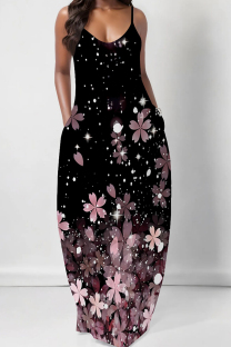 Pink Elegant Print Pocket Patchwork Spaghetti Strap Sling Dresses