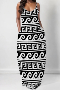 White Sexy Geometric Print Pocket Contrast V Neck Printed Dresses