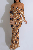 Black Elegant Splashed ink printing Contrast Off Shoulder One Step Skirt Dresses