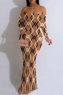 Deep Coffee Elegant Splashed ink printing Contrast Off Shoulder One Step Skirt Dresses