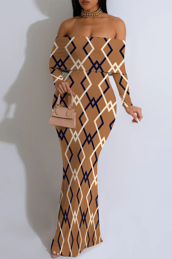 Deep Coffee Elegant Splashed ink printing Contrast Off Shoulder One Step Skirt Dresses