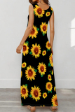 Black And White Casual Print Pocket Patchwork U Neck Long Dresses