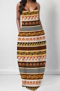 Brown Sexy Geometric Print Pocket Contrast V Neck Printed Dresses