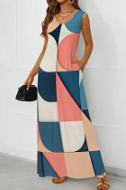 Multicolor Casual Print Pocket Patchwork U Neck Long Dresses
