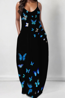 Blue Elegant Print Pocket Patchwork Spaghetti Strap Sling Dresses