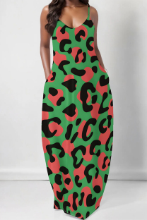 Green Casual Leopard Print Pocket U Neck Printed Dresses