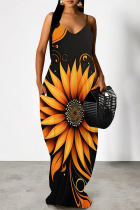 Black Sexy Floral Print Pocket Contrast V Neck Printed Dresses