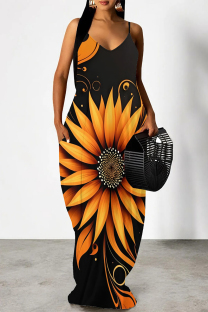 Black Sexy Floral Print Pocket Contrast V Neck Printed Dresses