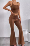 Brownness Casual Solid Color Patchwork Backless Ruched Strap Design Spaghetti Strap Sleeveless Two Pieces