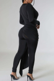 Black Casual Solid Color Patchwork Ruched V Neck Skinny Jumpsuits
