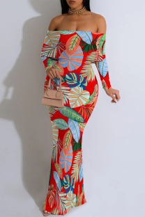 Red Elegant Geometric Print Tropical Print Contrast Off Shoulder One Step Skirt Dresses